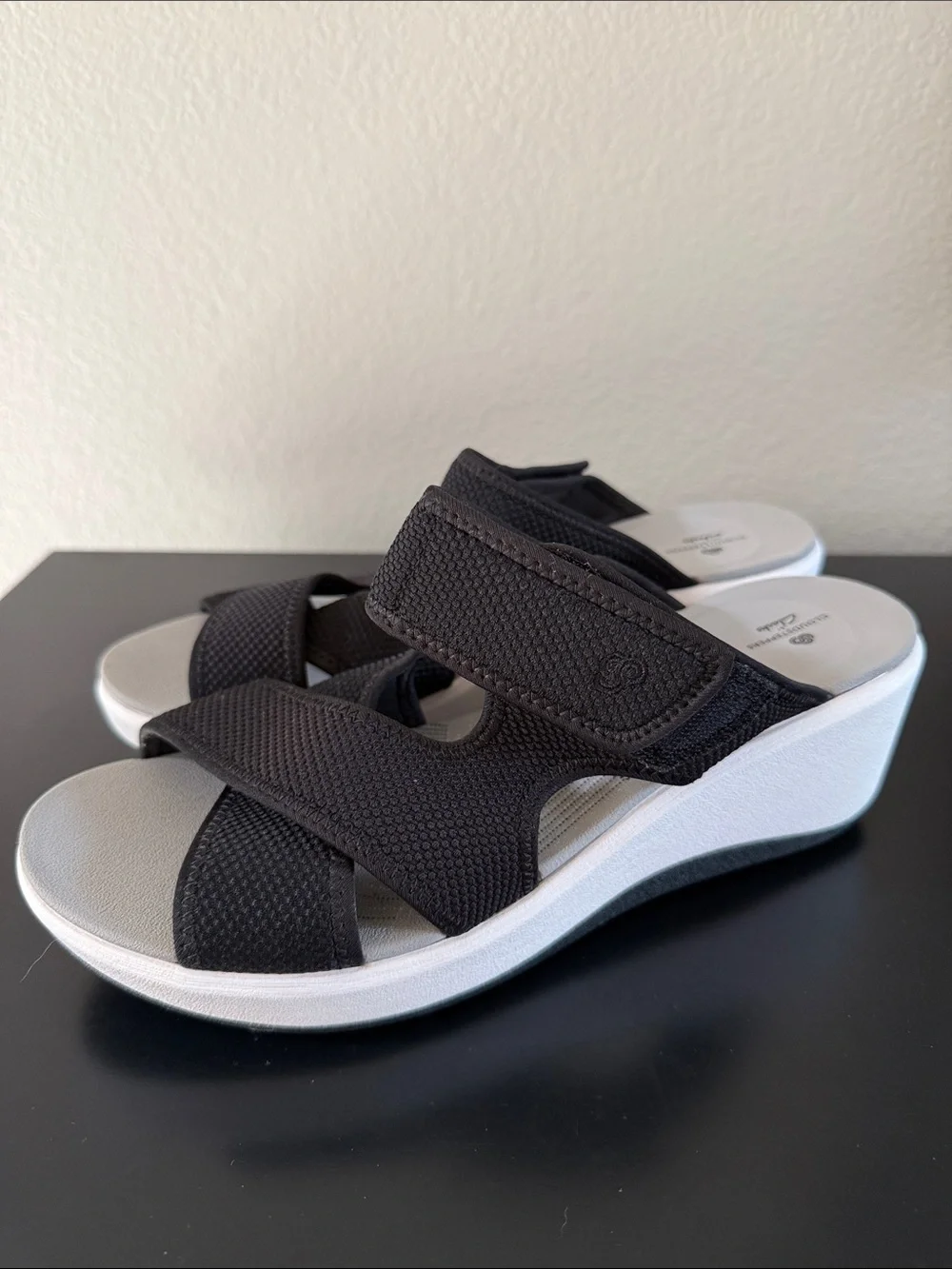 Cloudsteppers by Clarks Black and Cream Wedge Sandals with Adjustable Straps